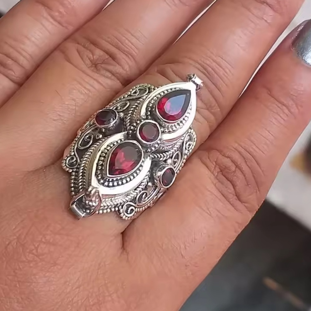 New Vintage Silver and Red Gemstone Ring
